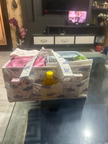 Customer photo review of Diaper Caddy – Dreamy Clouds Cool Blue Hues