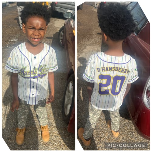 Customer photo review of Custom Mardi Gras Pinstripe Baseball Jersey – Personalized Carnival Outfit – Add Your Name & Number