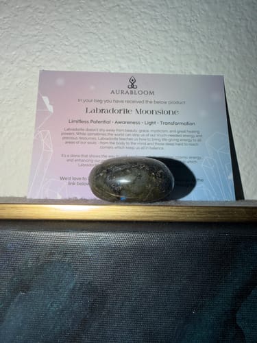 Reviewer's dark, polished Labradorite Moonstone from the monthly crystal club, shown with its descriptive card.