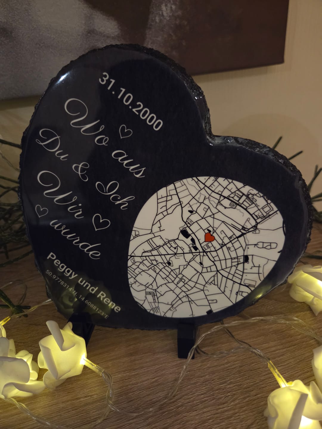 Customer photo review of Wo alles begann - Personalisiertes Schieferherz (15x15)