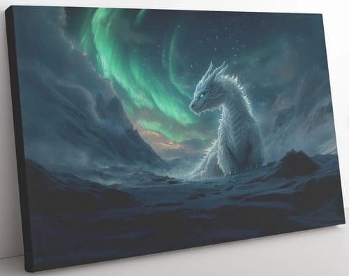 Customer photo review of Mystical Ice Dragon Surrounded by Glowing Snowflakes in Frozen Landscape Under Aurora Borealis Canvas Wall Art Decor