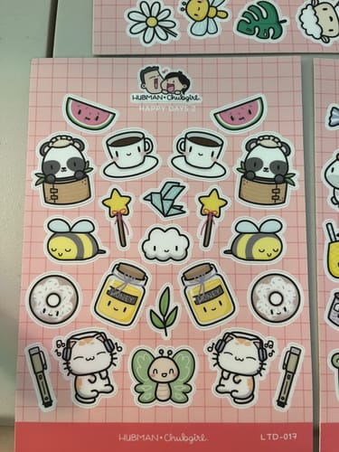 Customer shows a cute sticker sheet with pandas, coffee, bees, and donuts on a pink grid background.