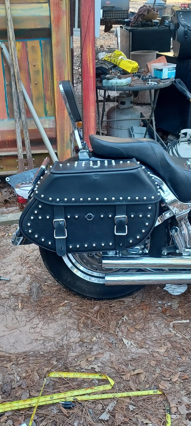Customer photo review of 35L - Legacy Extra Large Studded Leather Motorcycle Saddlebags for Harley Softail Heritage FLSTC/I