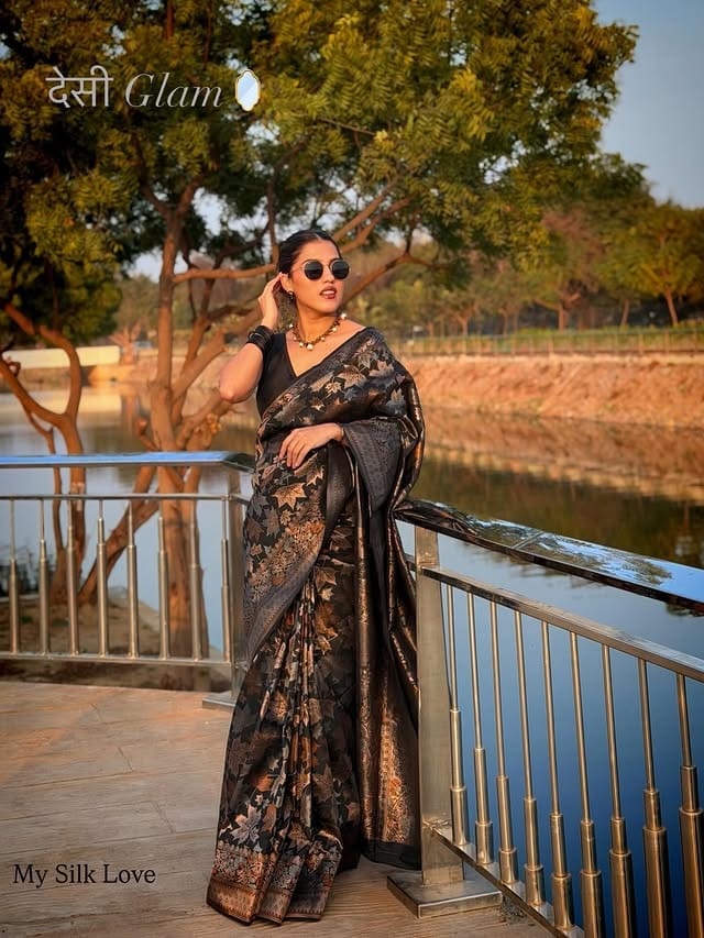 Customer photo review of Aged Black Banarasi Soft Silk Saree