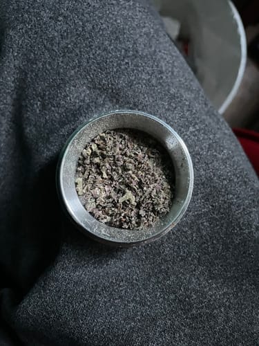 Close-up: Customer's ground Biscotti Mintz THCA flower inside a silver-colored grinder.