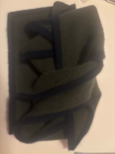 Customer photo review of Brand New Mist Grey and Navy Recycled Cashmere Triangle Scarf