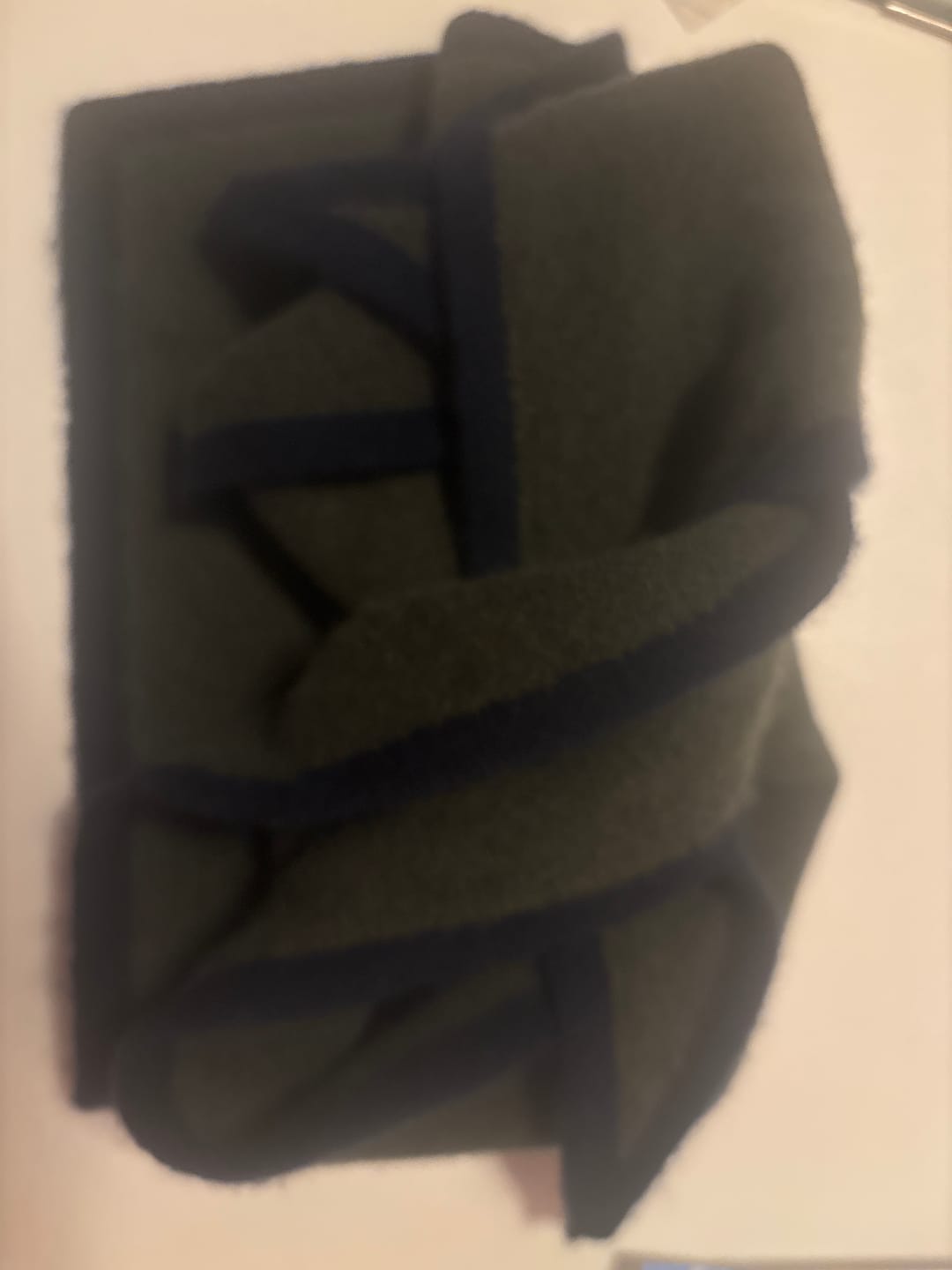 Customer photo review of Brand New Mist Grey and Navy Recycled Cashmere Triangle Scarf