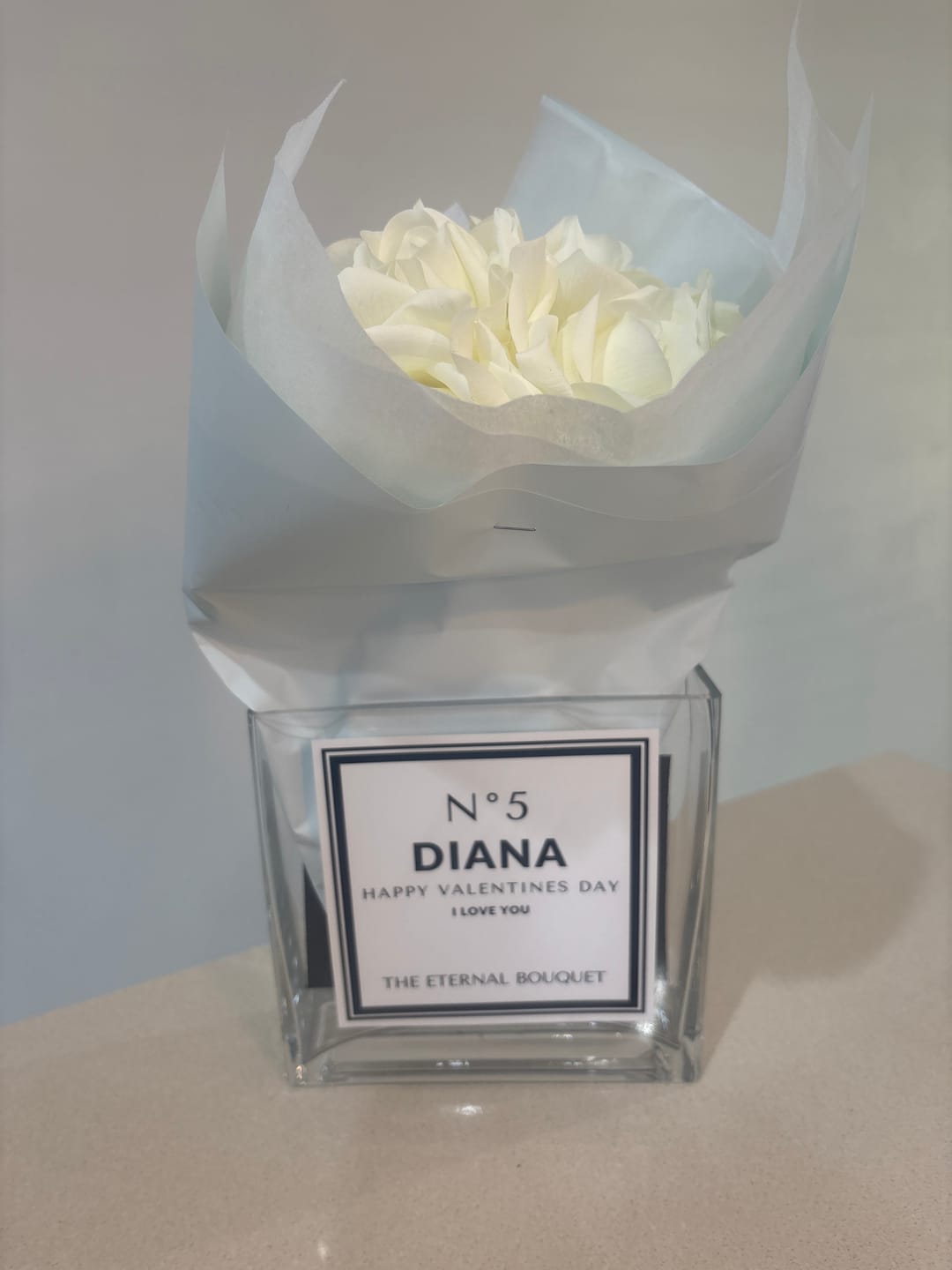 Customer photo review of Personalised Glass Vase - Silk Everlasting Roses (10 roses)