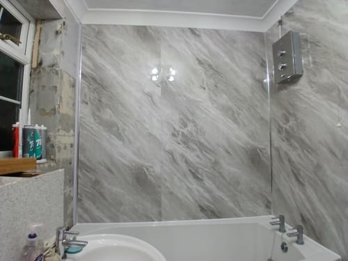 Customer photo review of Premium Grey Stone Marble Gloss Shower Wall Panel - 1M x 2.4M