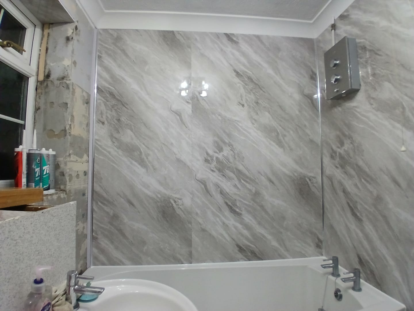 Customer photo review of Premium Grey Stone Marble Gloss Shower Wall Panel - 1M x 2.4M