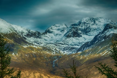 Reviewer's photo of a snowy mountain landscape where they wore their warm Crew Socks.