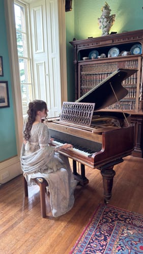 Customer photo review of Bridgerton Empire Waist grey ball gown, Regency Era dress with Lace Embroidery,  Jane Austin plus size