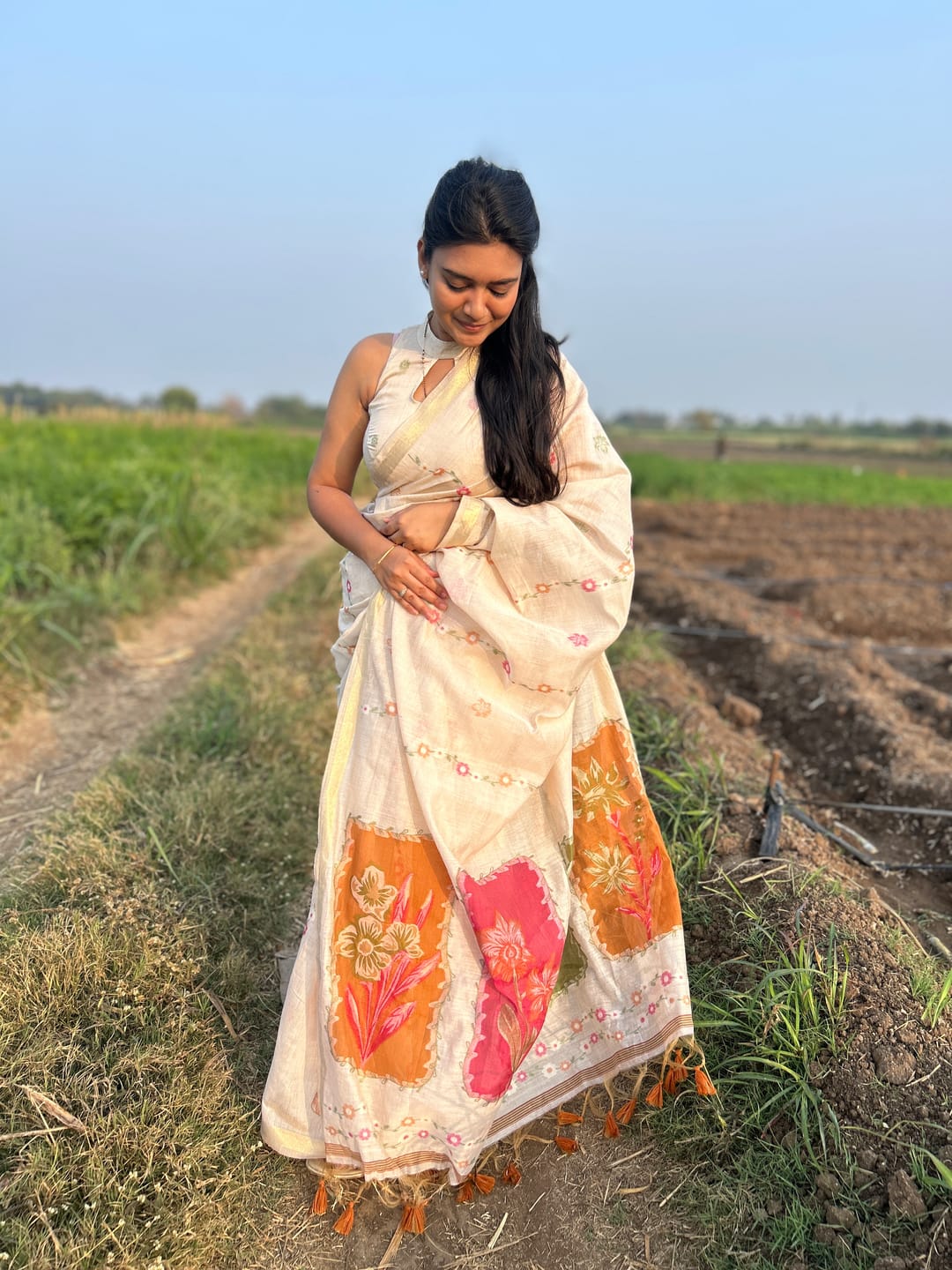 Customer photo review of Coconut Cream Handloom Muga Cotton Saree