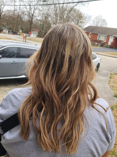 Customer photo review of Virgin Genius Weft Hair Extensions Balayage Brown #4/27/4