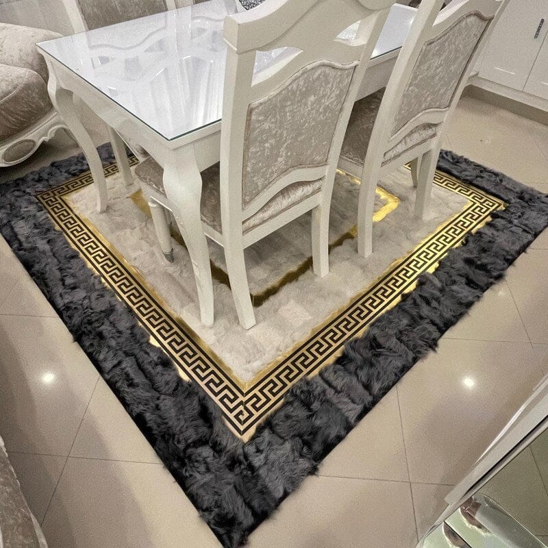 Customer photo review of Luxury Beige & Charcoal Sheepskin Area Rug with Greek Key Border