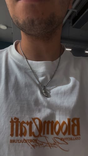 Primer plano de un cliente luciendo el Colgante Hermés plateado sobre una camiseta blanca.
