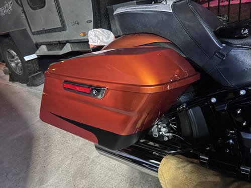 Customer photo review of HR3 Scorched Orange / Black Denim Hard Saddlebags (Regular) For 14-23 Harley Touring