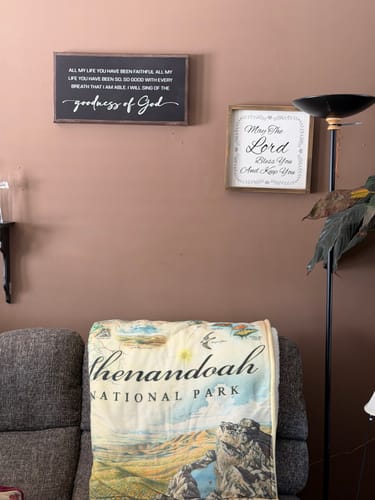 Reviewer's "Goodness Of God Faith Sign" displayed on a tan wall above an armchair in a living room setting.