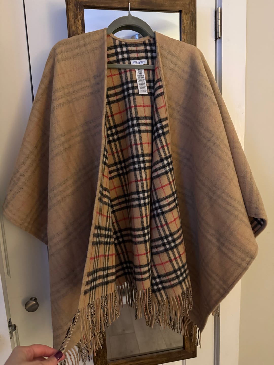 Customer photo review of CHECK CAPE IN SAND BROWN WOOL 410154