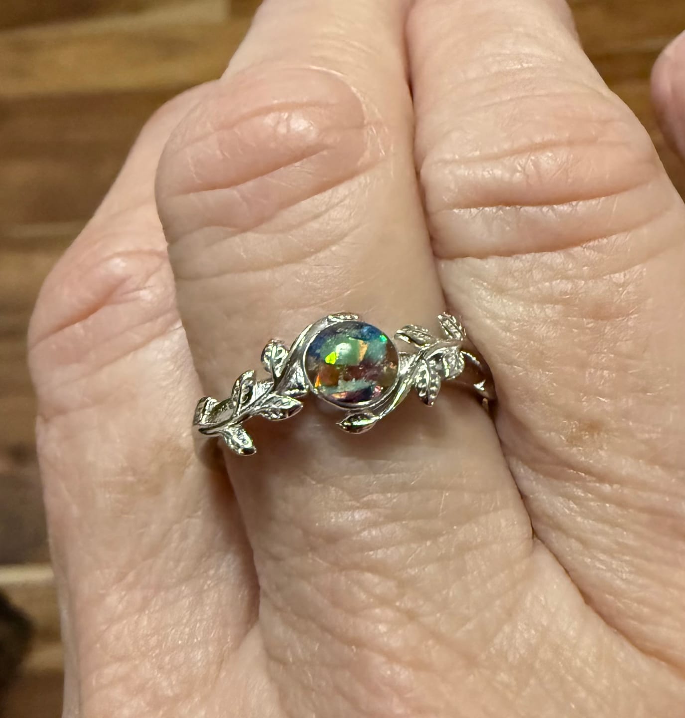 Customer photo review of Leaf Opal Cremation Ring