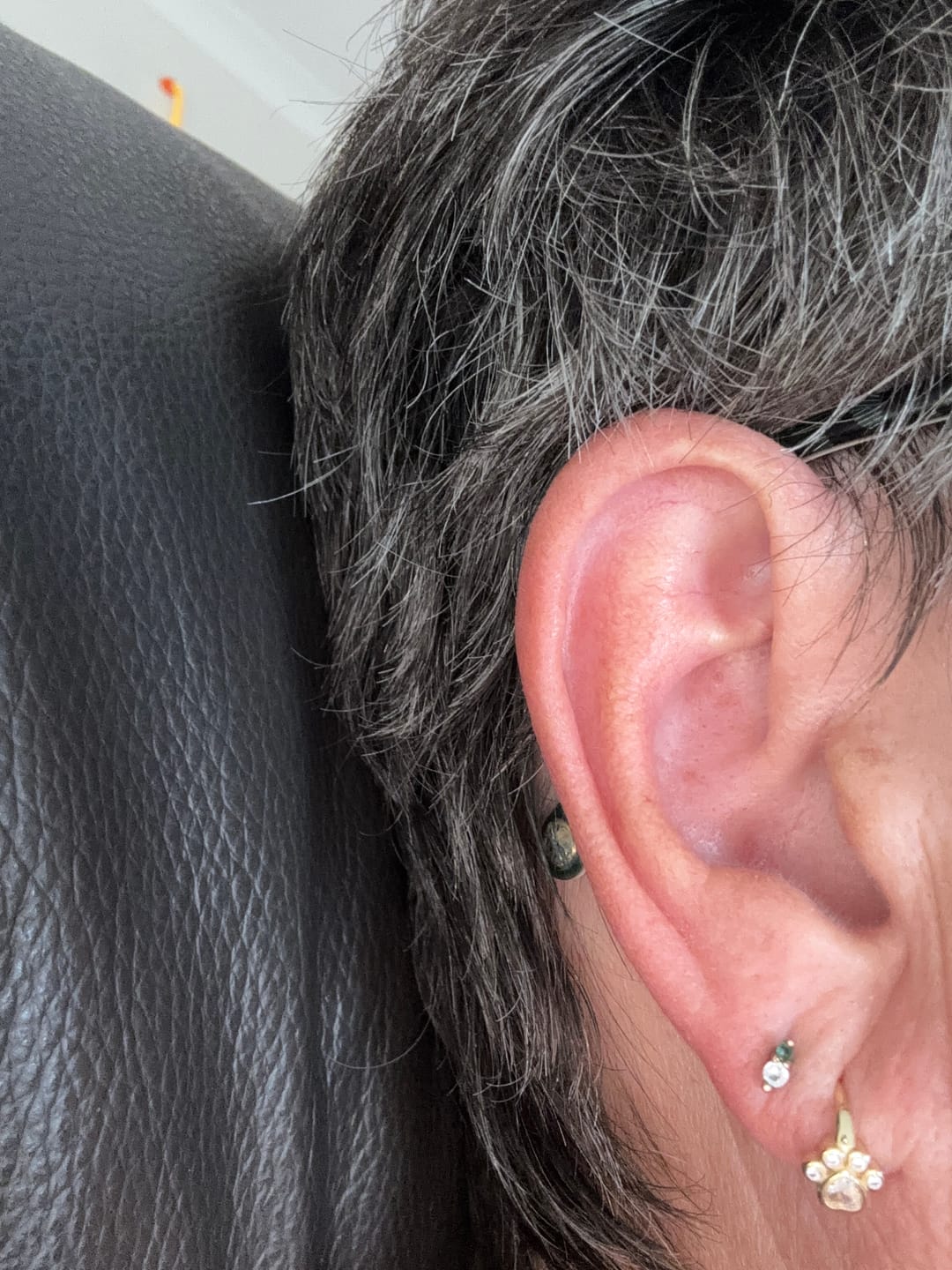 Customer photo review of Dog Paw Sapphire Huggie Earrings