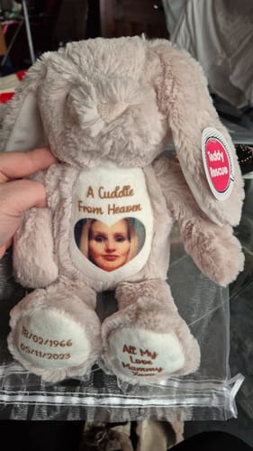 Customer photo review of A Cuddle from Heaven Personalised Photo Teddy Bear