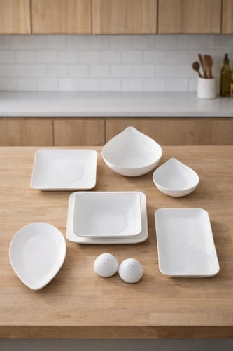 Customer's white Karaca Streamline Elinor dinner set neatly arranged on a wooden table to show the different pieces.
