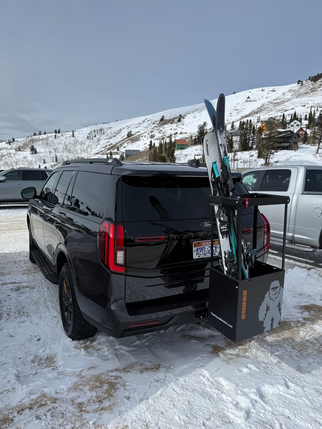Customer photo review of Chuck Bucket Hitch-Mounted Ski & Snowboard Carrier