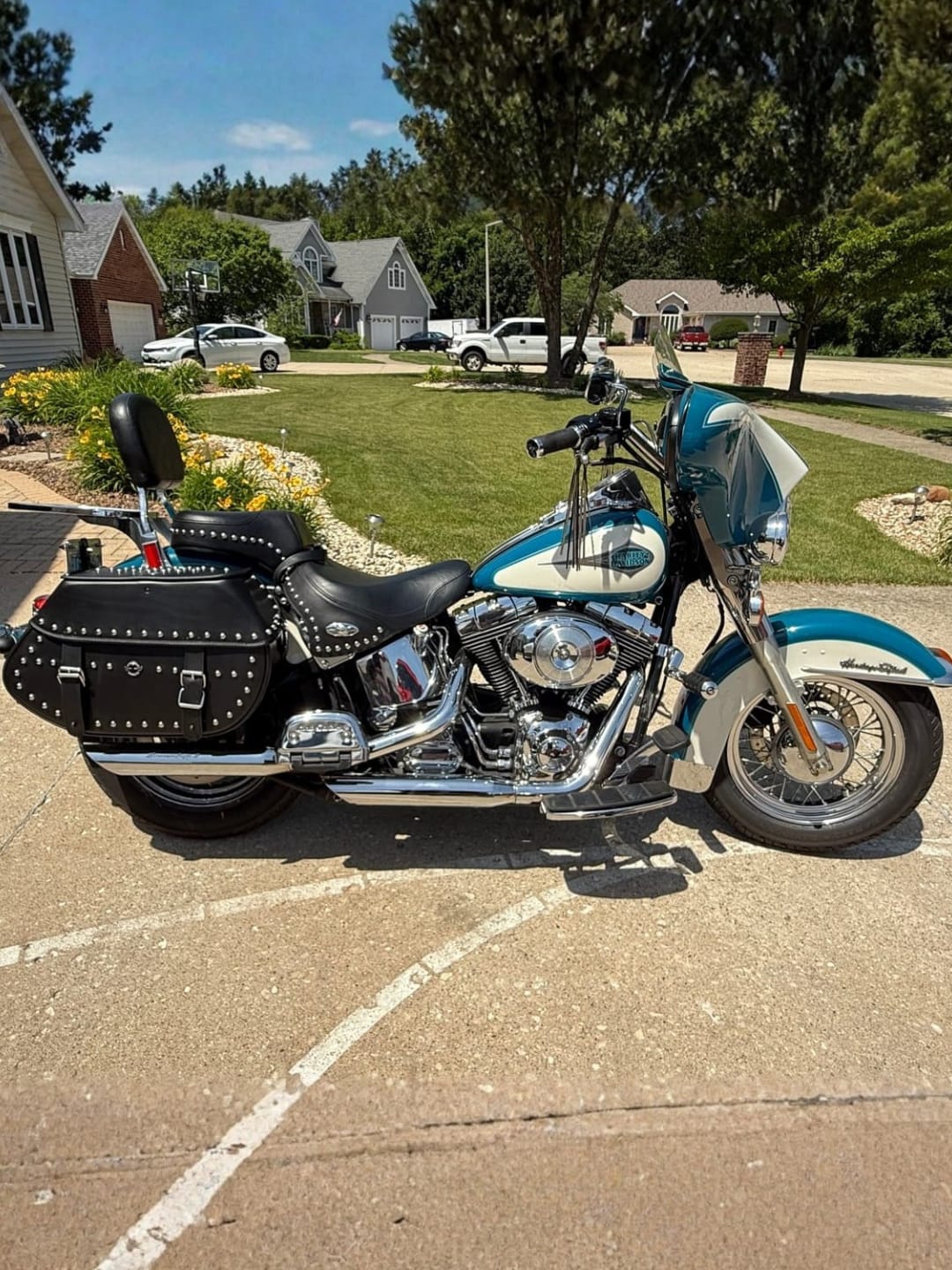Customer photo review of 35L - Legacy Extra Large Studded Leather Motorcycle Saddlebags for Harley Softail Heritage FLSTC/I