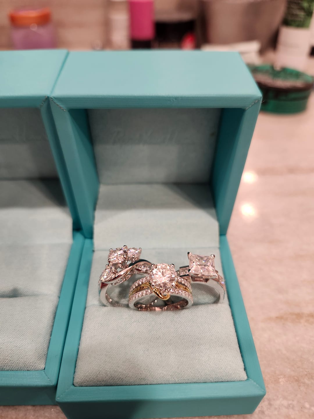 Customer photo review of Round Moissanite Two Tone Vine Split Shank Pave Engagement Ring