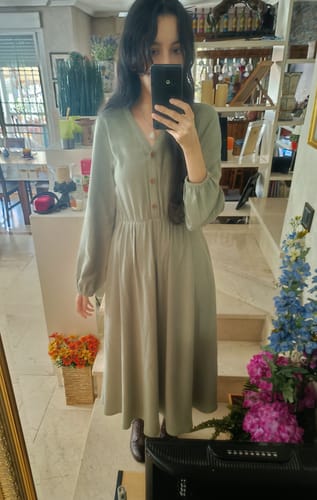 Customer photo review of Sage Green Linen Cotton Midi Dress: Vintage Long Sleeve Button Front A-Line Dress, Ylistyle C5435