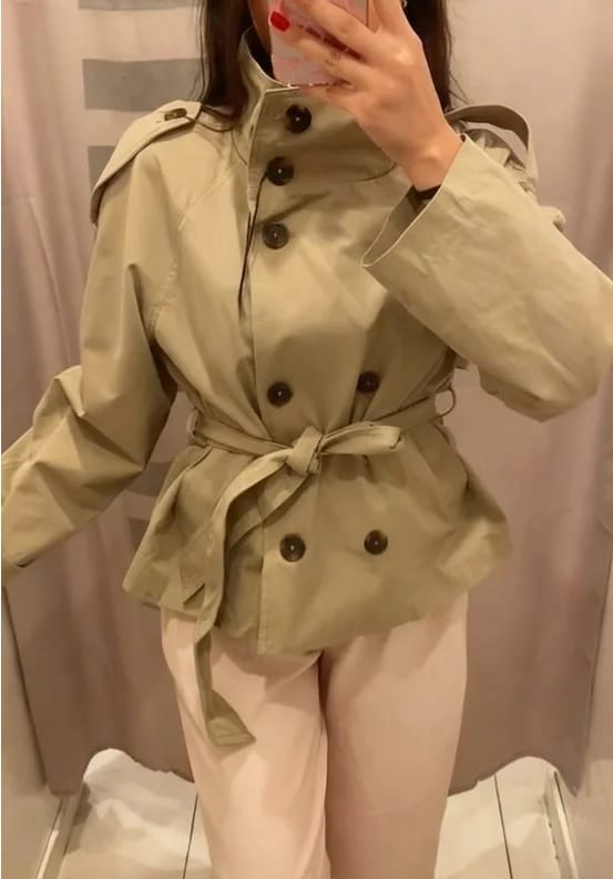 Customer photo review of Kara Stand Collar Crop Trenchcoat