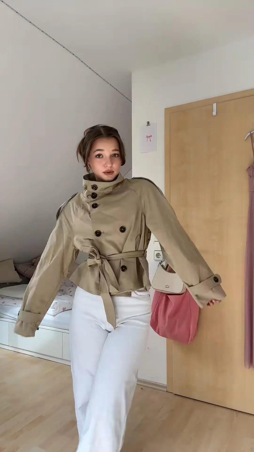 Customer photo review of Kara Stand Collar Crop Trenchcoat
