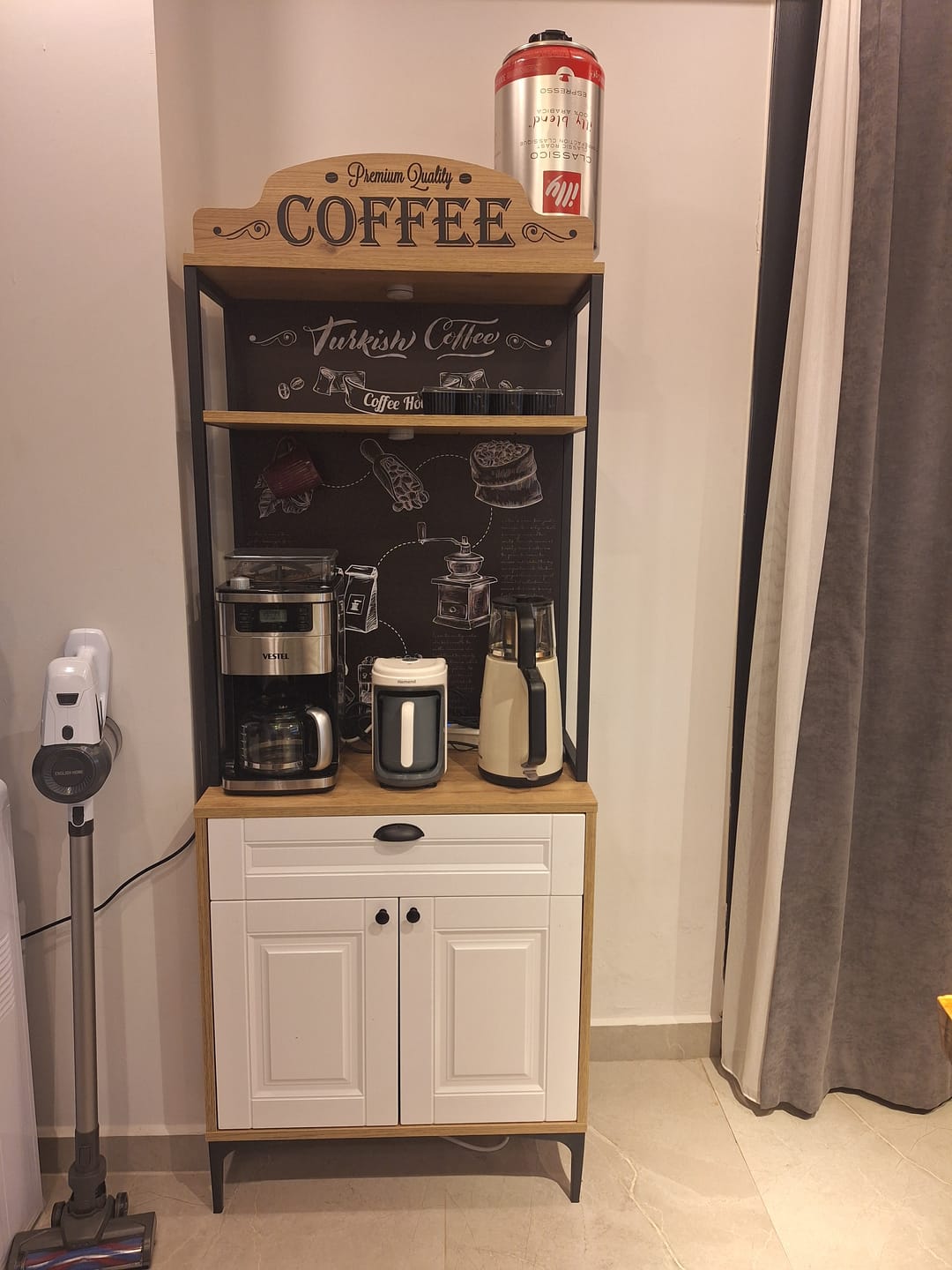Customer photo review of Rani JE157 Işıklı Kahve Köşesi Membran Kapaklı Çekmeceli Çok Amaçlı Mutfak Dolabı Sepet Ceviz - Beyaz