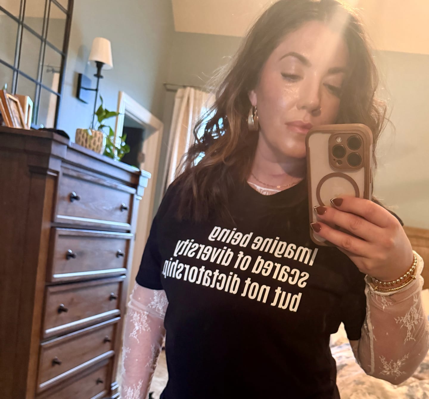 Customer photo review of Imagine Being Scared of Diversity But Not Dictatorship Unisex Tee