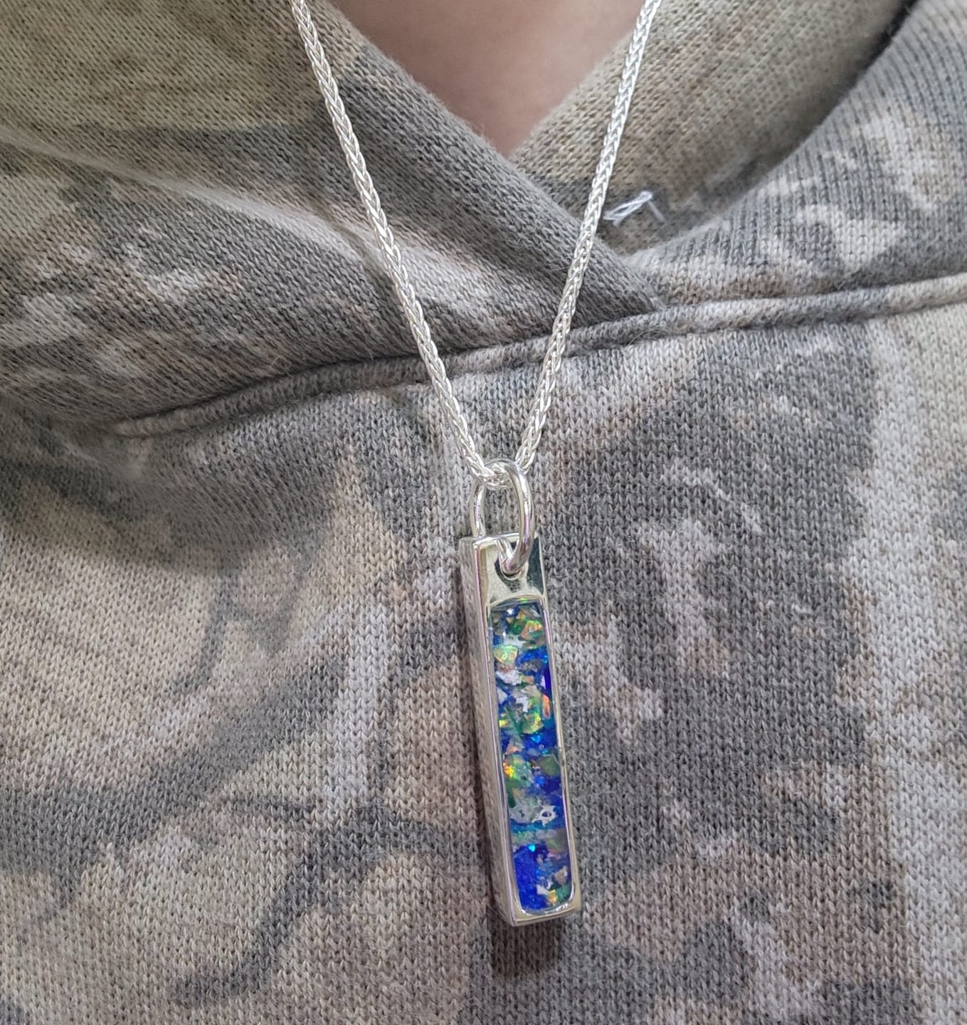 Customer photo review of Opal Bar Cremation Pendant - Engravable