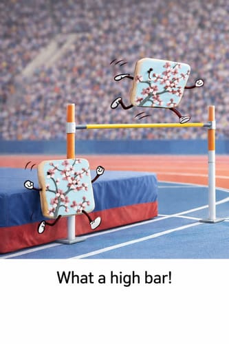 Reviewer's fun illustration of Pink Blossom Tile biscuits as cartoon characters, with one leaping over a high bar on a track.