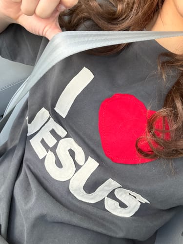 Customer photo review of I Love Jesus Stitched Premium Tee