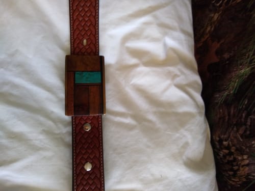 Customer's Classic Basket Weave belt with a custom wood and turquoise buckle attached.