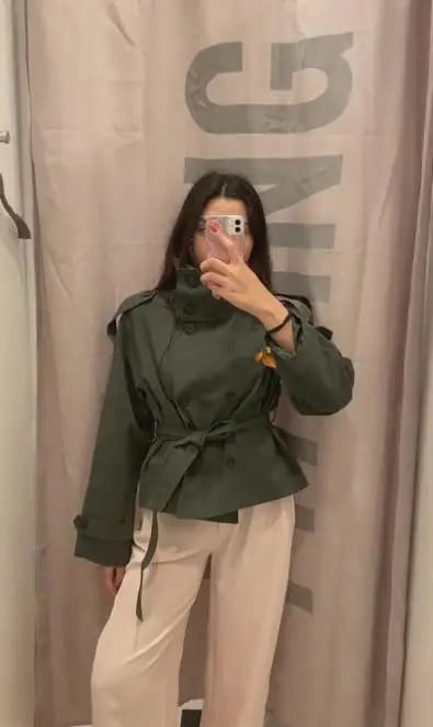 Customer photo review of Kara Stand Collar Crop Trenchcoat