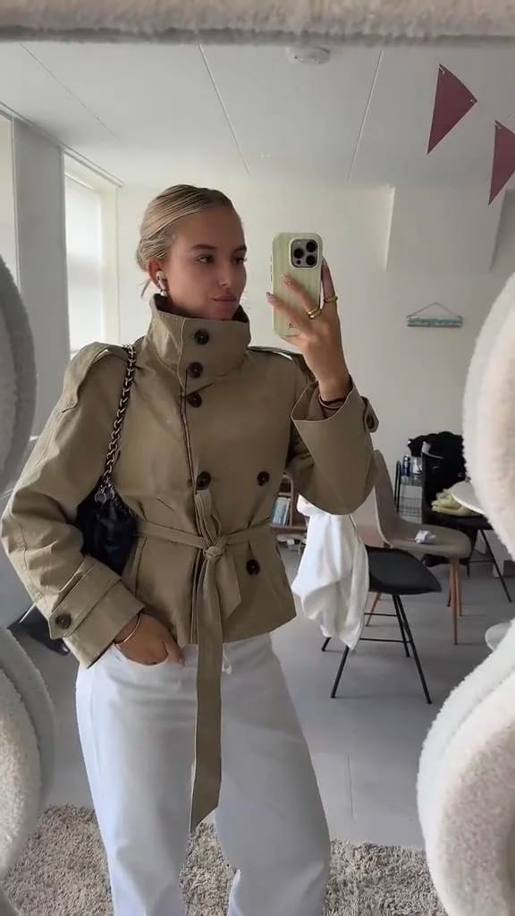 Customer photo review of Kara Stand Collar Crop Trenchcoat