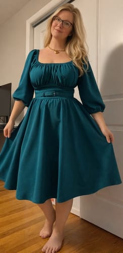 Reviewer posing in the teal Vacation Dress, showing the full skirt and bishop sleeves.