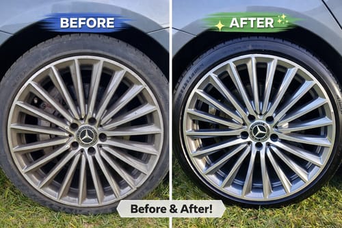 Reviewer's before-and-after image showing a dirty car wheel made sparkling clean with Aurora Advanced Fallout Remover.