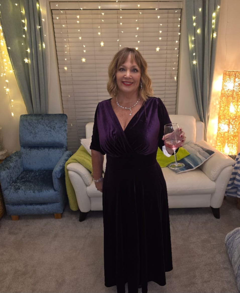 Customer photo review of Verity Flattering Velvet Maxi Gown in Elegant Purple