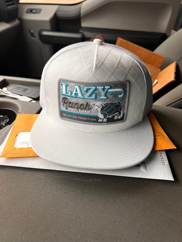 Customer photo review of Lazy J Ranch Ice Blue & White Quilted Aztec Jughead Classic Five Panel Trucker Hat