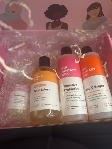 Customer's Bright & Even Skin Kit with all four skincare products displayed in a pink box.