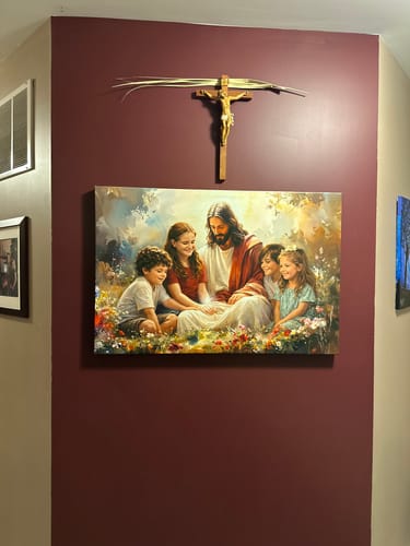 Customer's personalized Jesus With Children Faith Wall Art II hanging on a dark red wall.