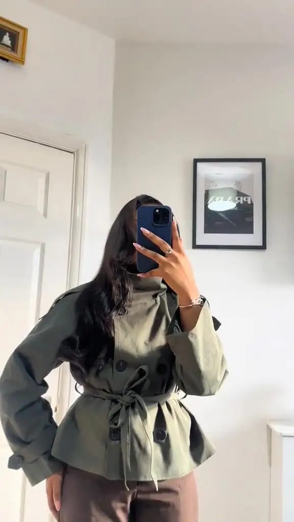 Customer photo review of Kara Stand Collar Crop Trenchcoat