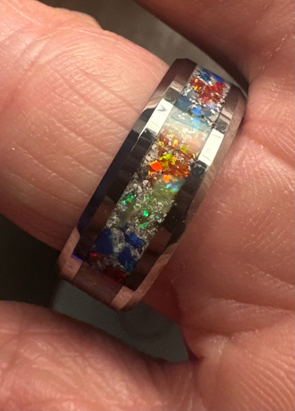 Customer photo review of Tungsten Opal Ring with Cremation Ashes
