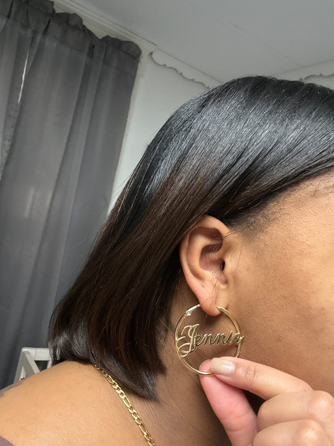 Customer photo review of Script Name Hoop Earrings
